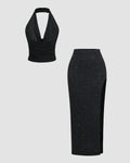 Black Glitter Halter Neck Backless Top & High-Slit Skirt Set