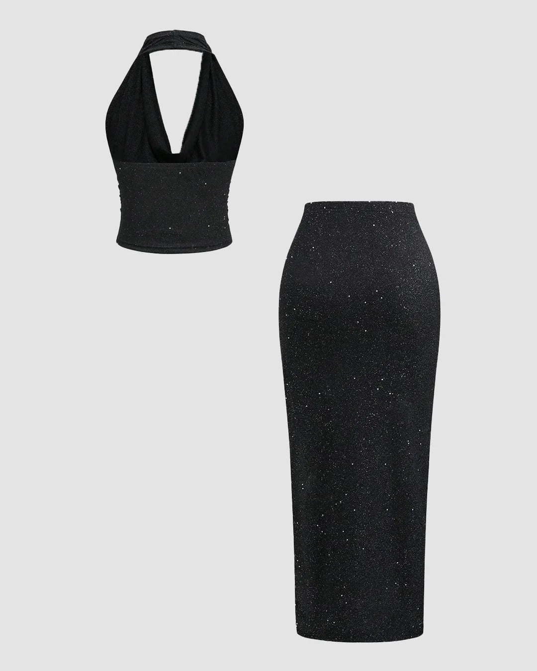 Black Glitter Halter Neck Backless Top & High-Slit Skirt Set