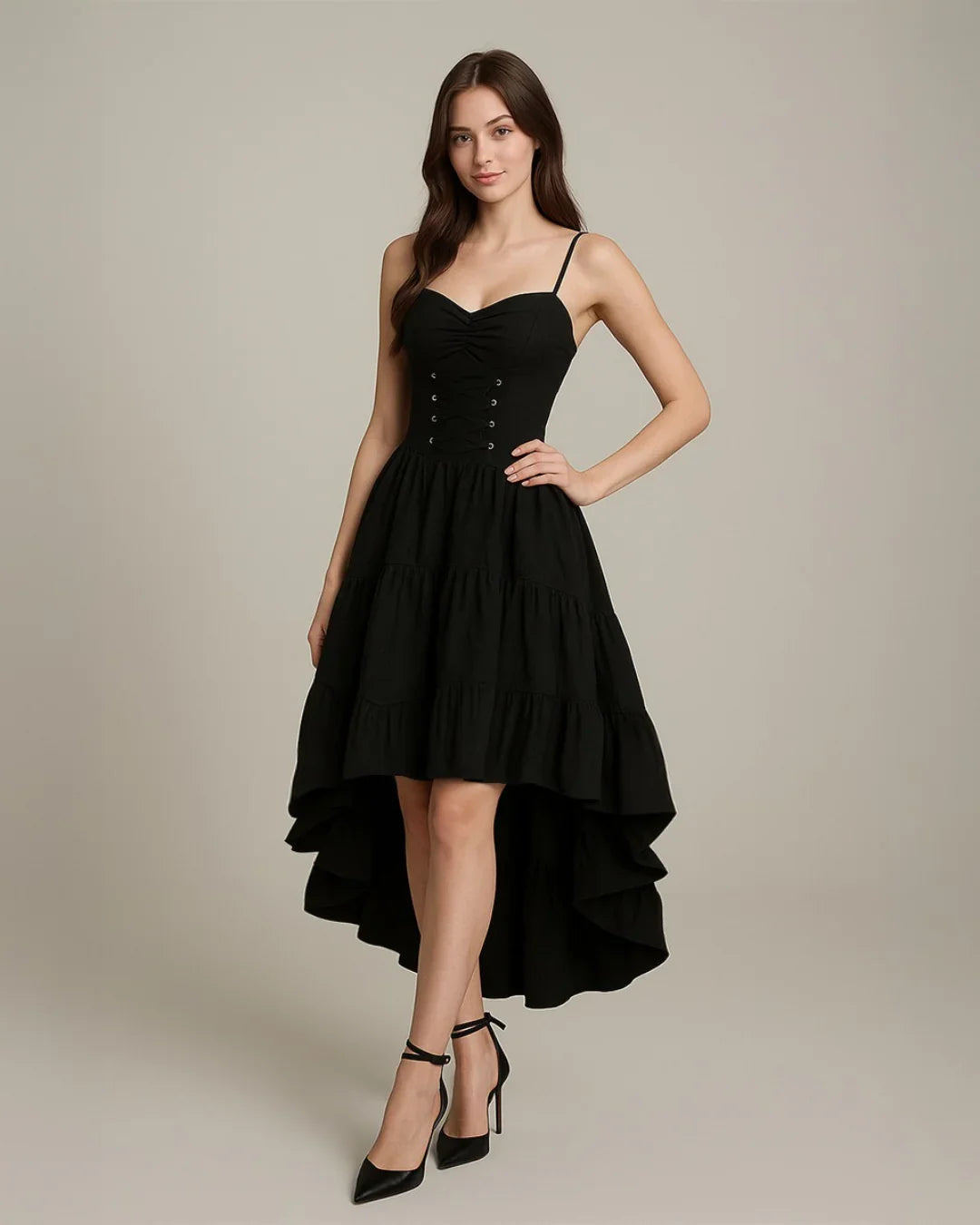 Black High-Low Gothic Dress with Spaghetti Straps & Corset Detail