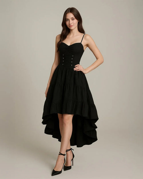 Black High-Low Gothic Dress with Spaghetti Straps & Corset Detail