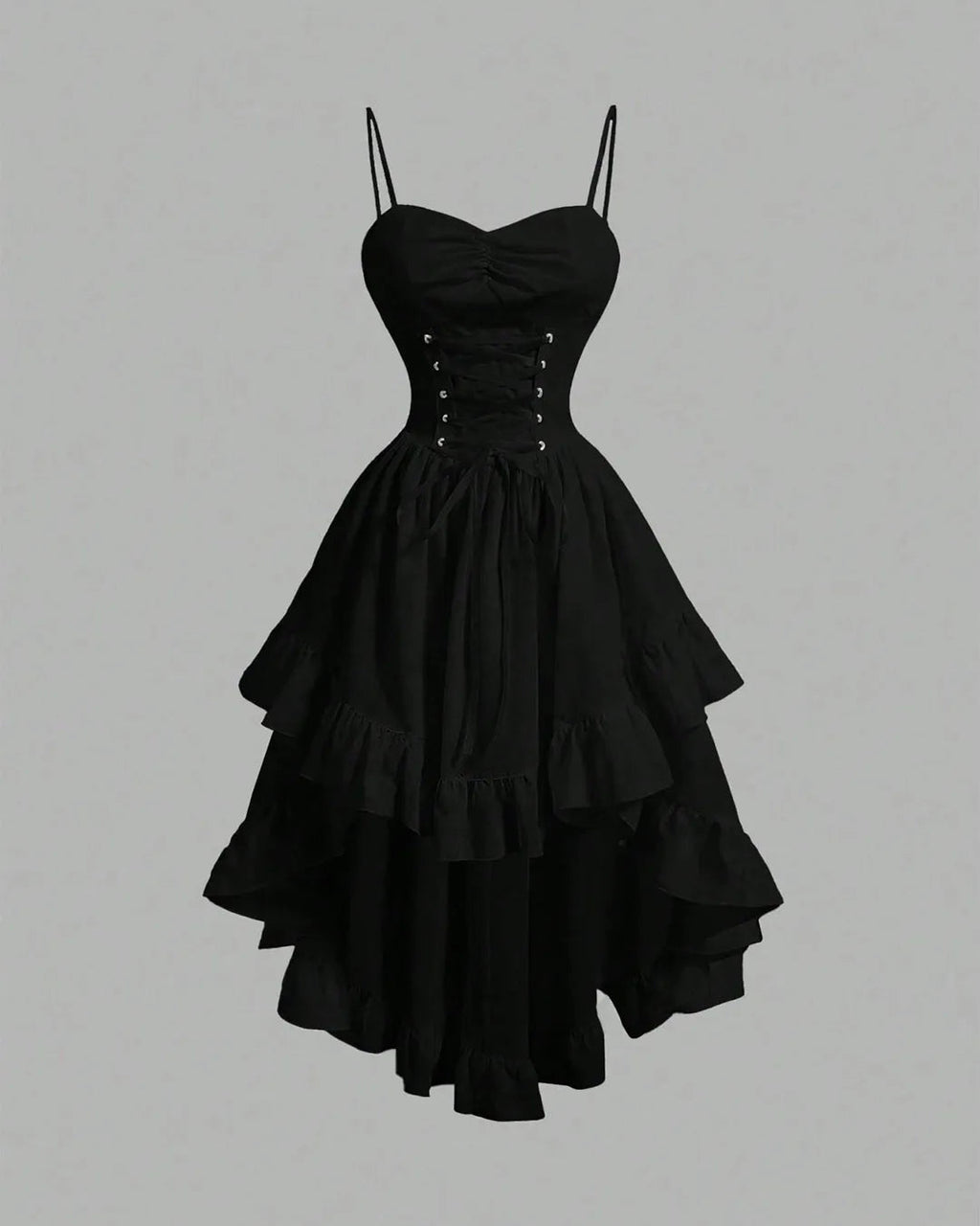 Black High-Low Gothic Dress with Spaghetti Straps & Corset Detail