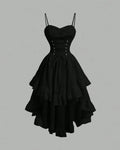 Black High-Low Gothic Dress with Spaghetti Straps & Corset Detail