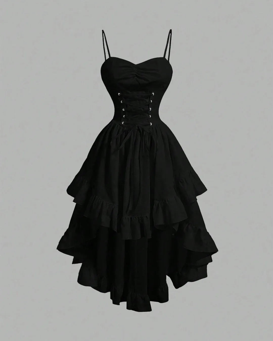 Black High-Low Gothic Dress with Spaghetti Straps & Corset Detail