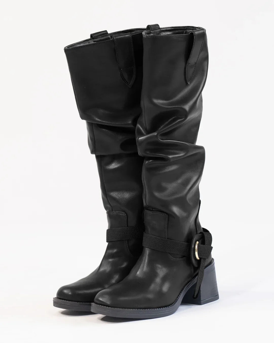 Black Knee-High Boots With Buckle And Heel