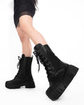 Black Lace Up Platform Ankle Boots with Zipper