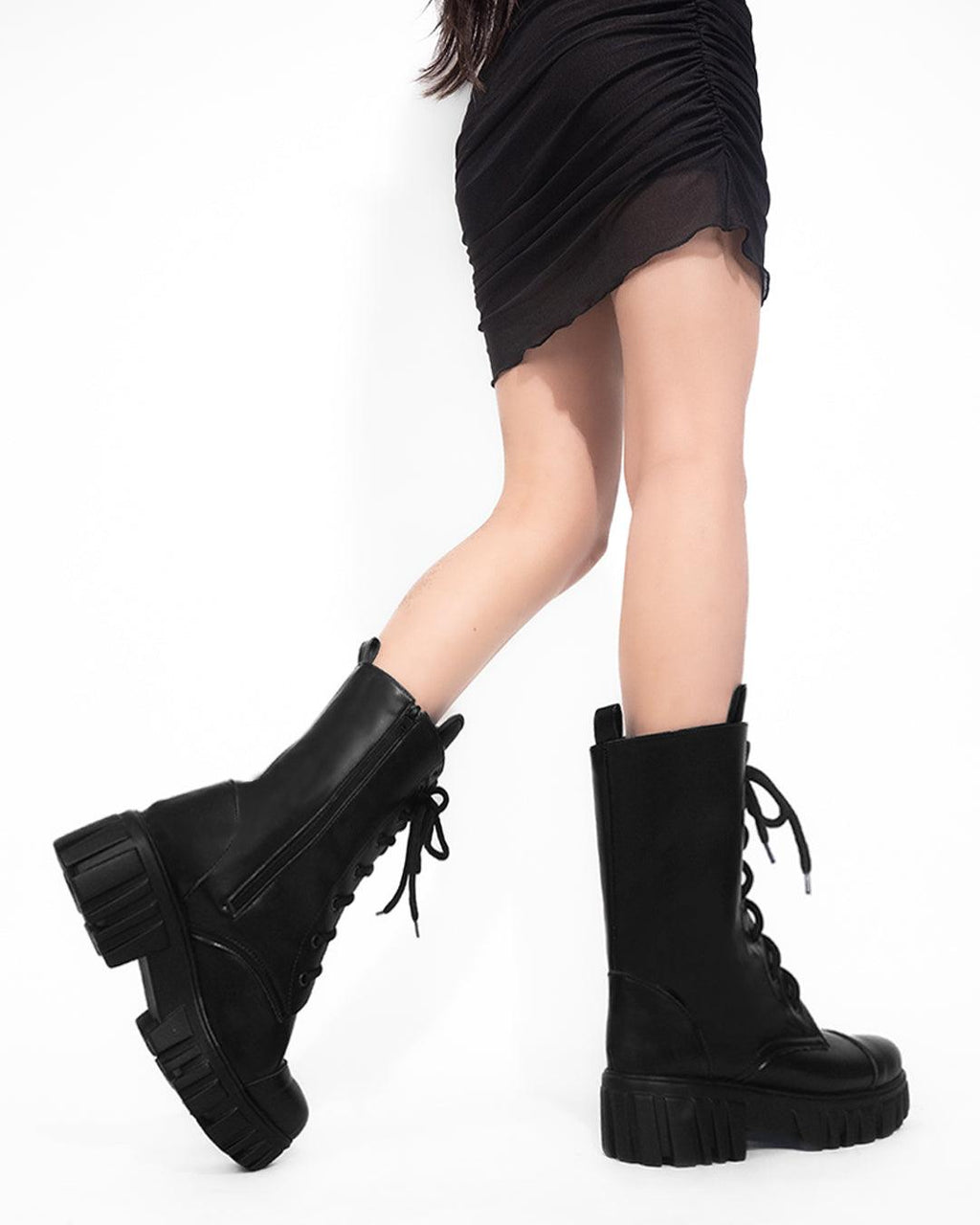 Black Lace Up Platform Ankle Boots with Zipper