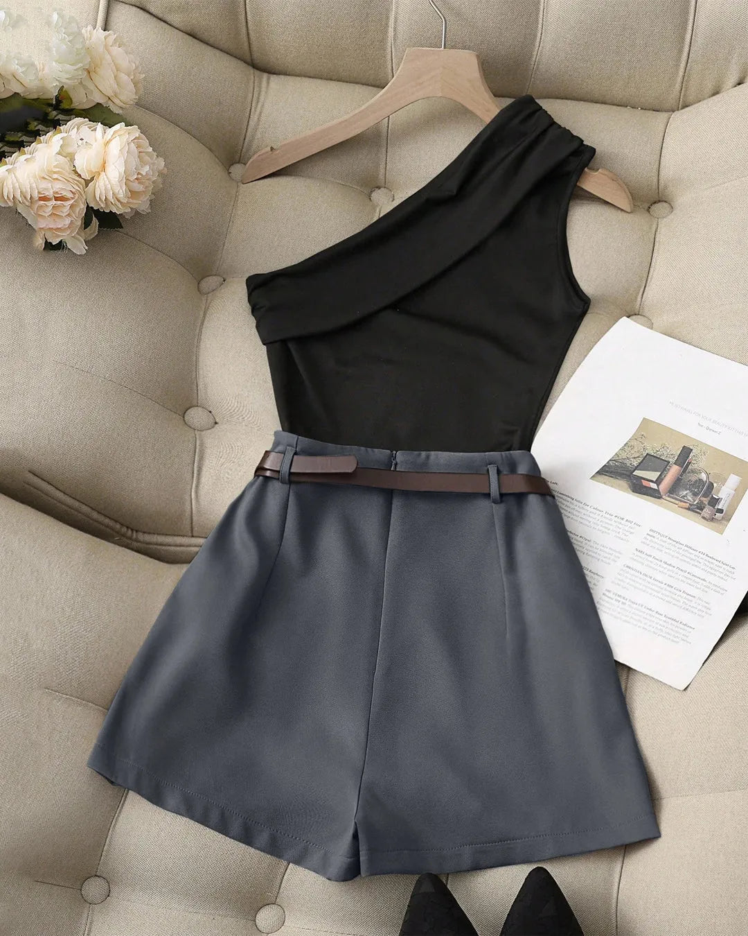 Black One-Shoulder Top & Dark Grey High-Waist Shorts Matching Set