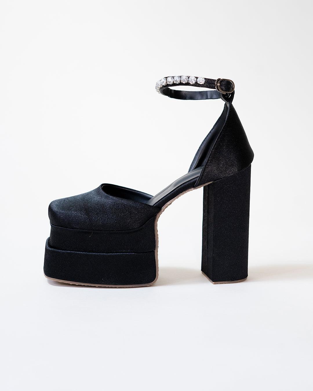 Black Party Heels with Rhinestone Ankle Strap Platform