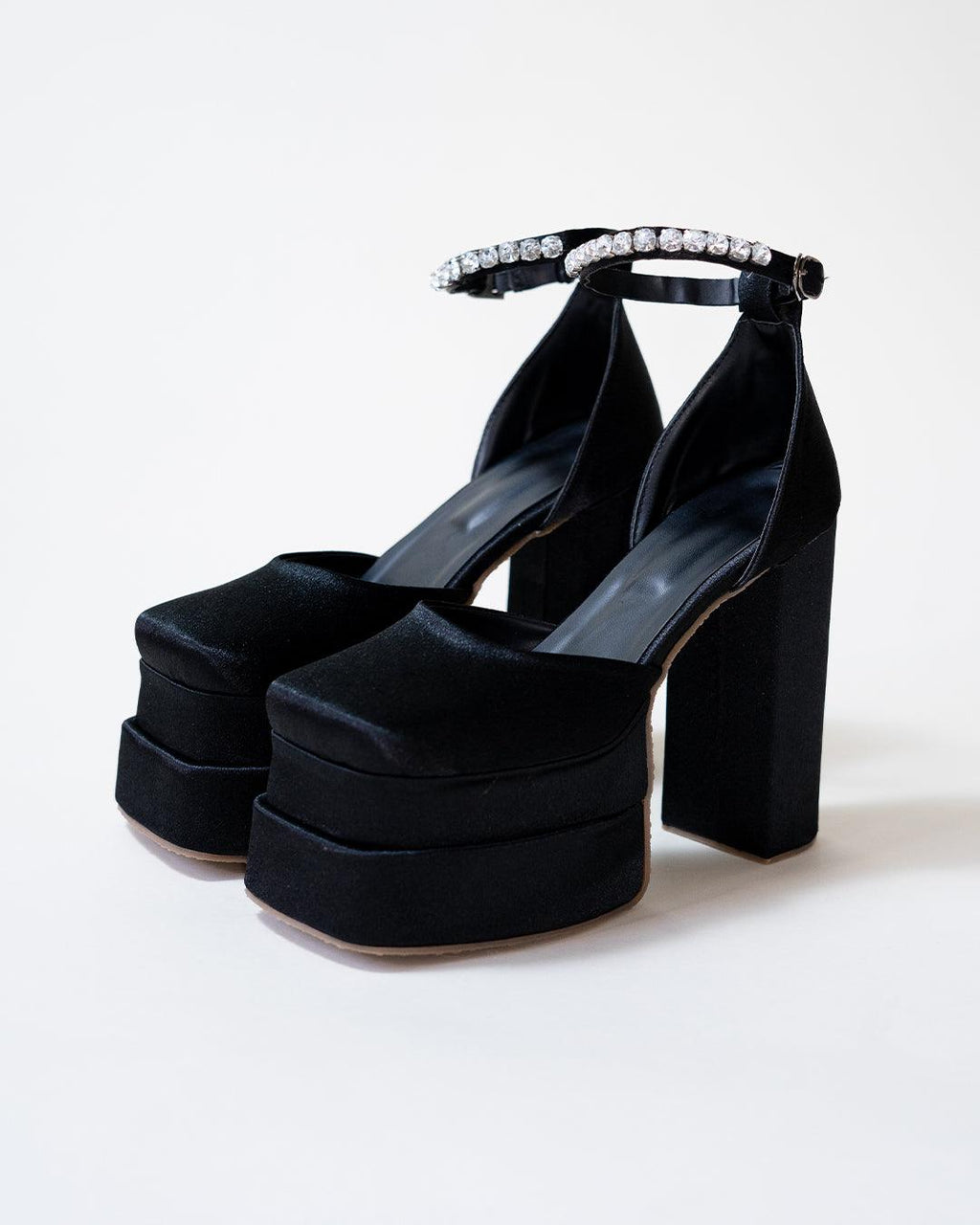 Black Party Heels with Rhinestone Ankle Strap Platform