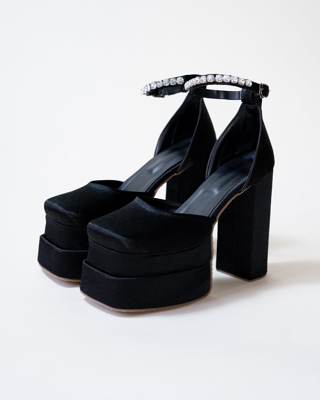 Black Party Heels with Rhinestone Ankle Strap Platform