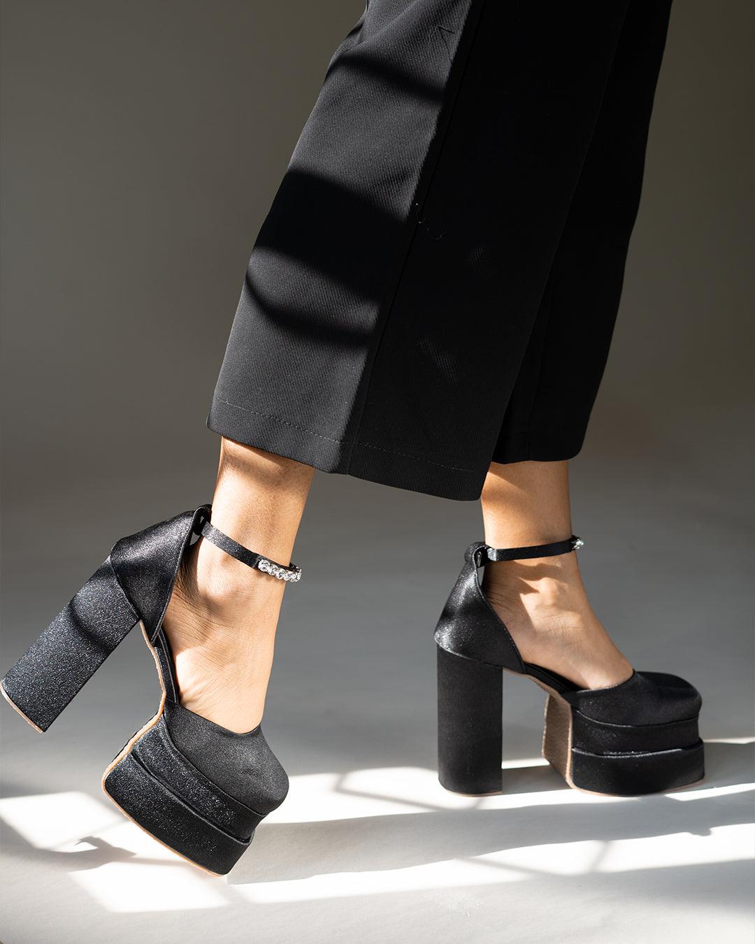 Black Party Heels with Rhinestone Ankle Strap Platform
