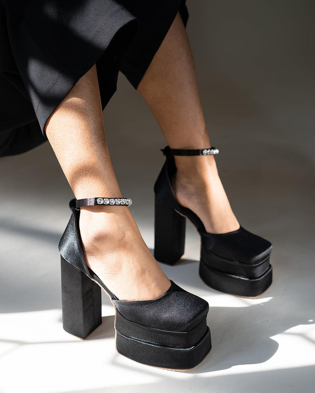 Black Party Heels with Rhinestone Ankle Strap Platform