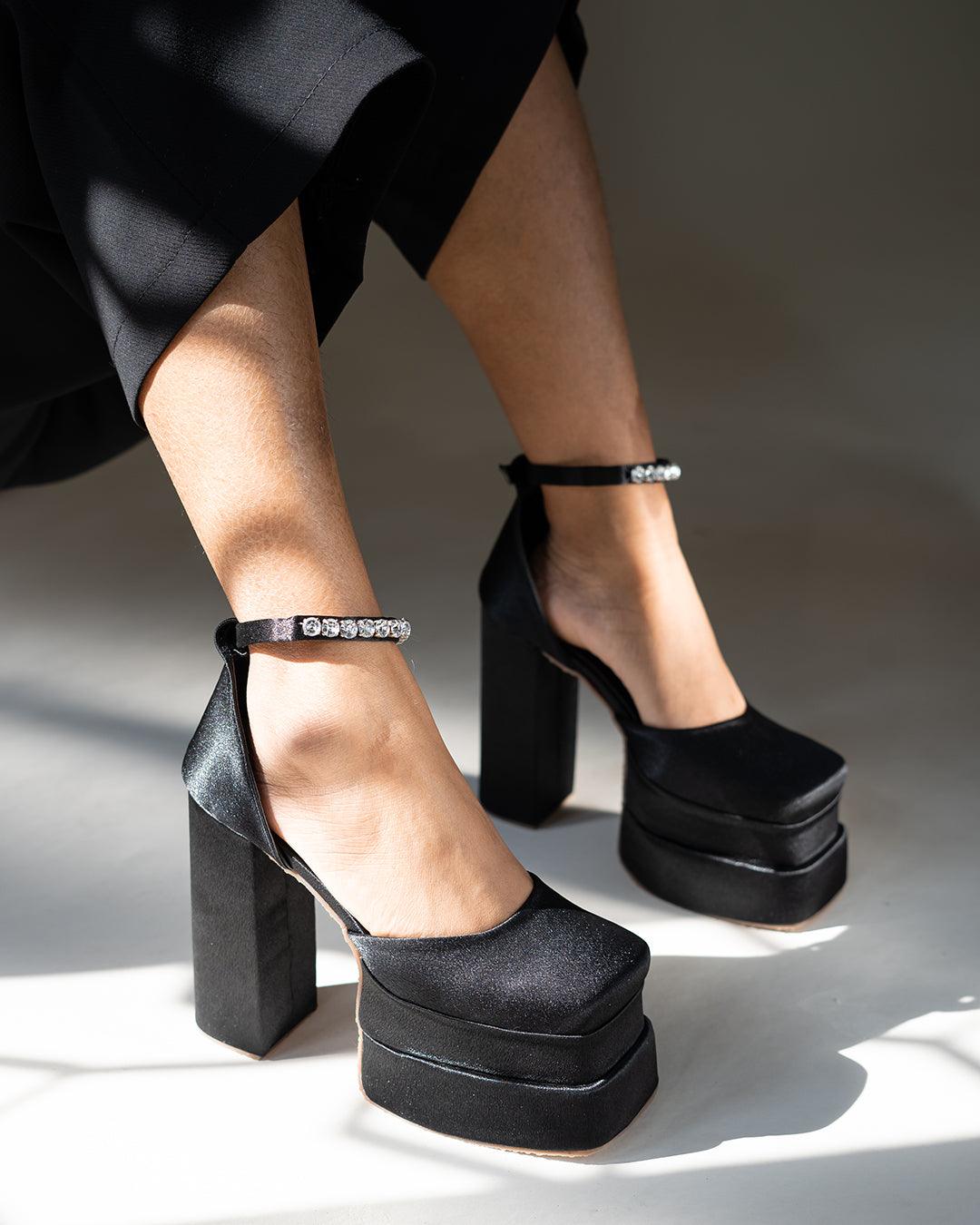 Black Party Heels with Rhinestone Ankle Strap Platform