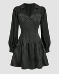 Black Pinstripe Collared Front Button Mini Dress