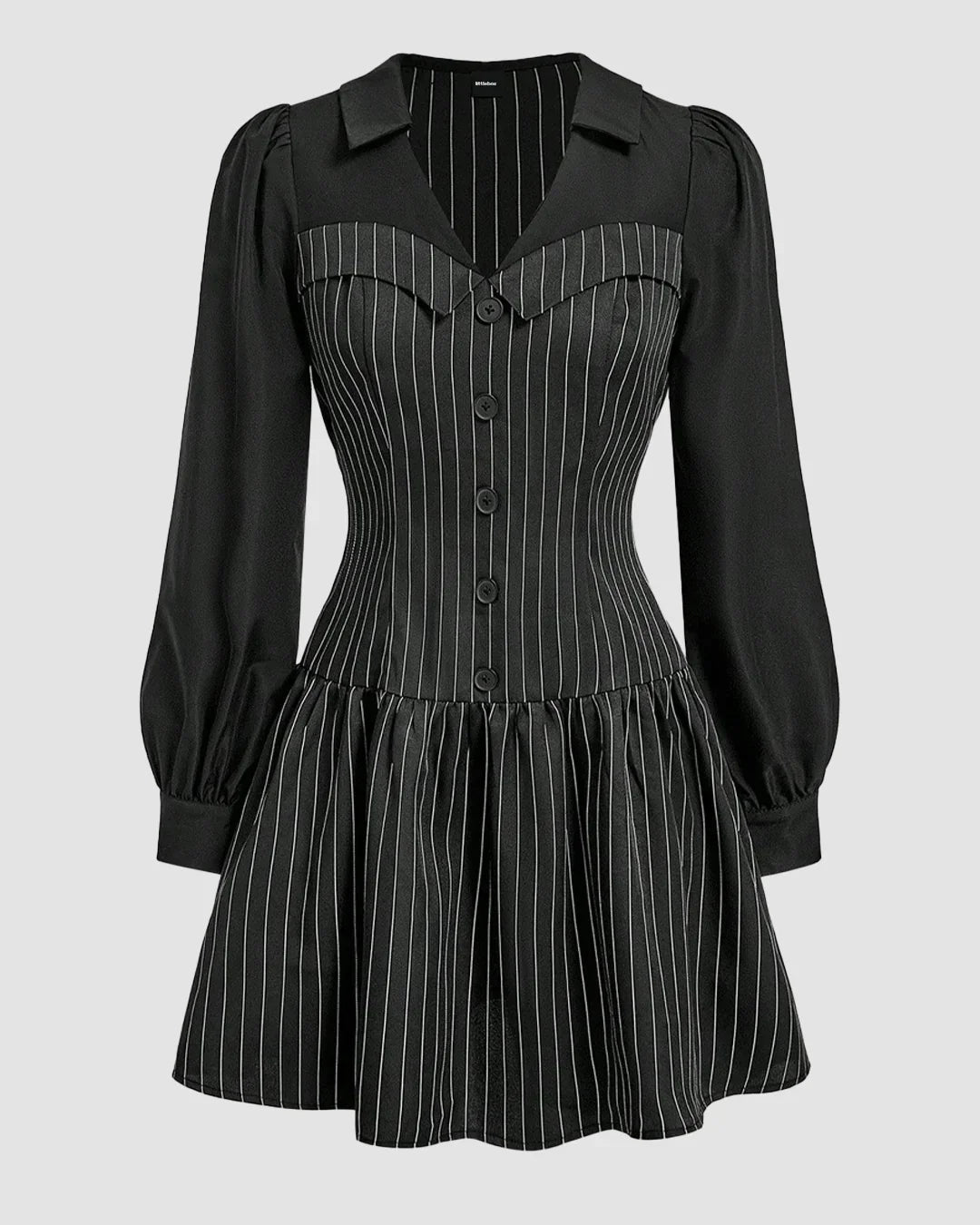 Black Pinstripe Collared Front Button Mini Dress