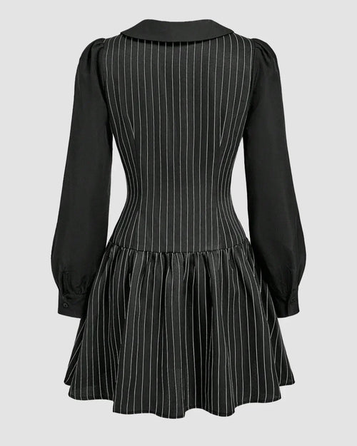 Black Pinstripe Collared Front Button Mini Dress