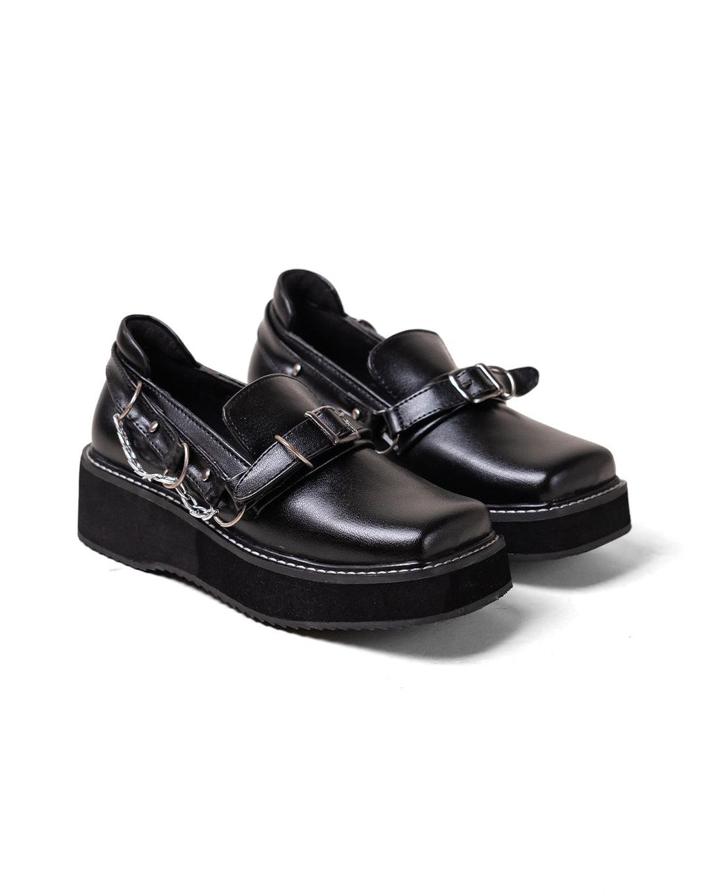 Black Platform Shoes with Buckle and Chain Detail