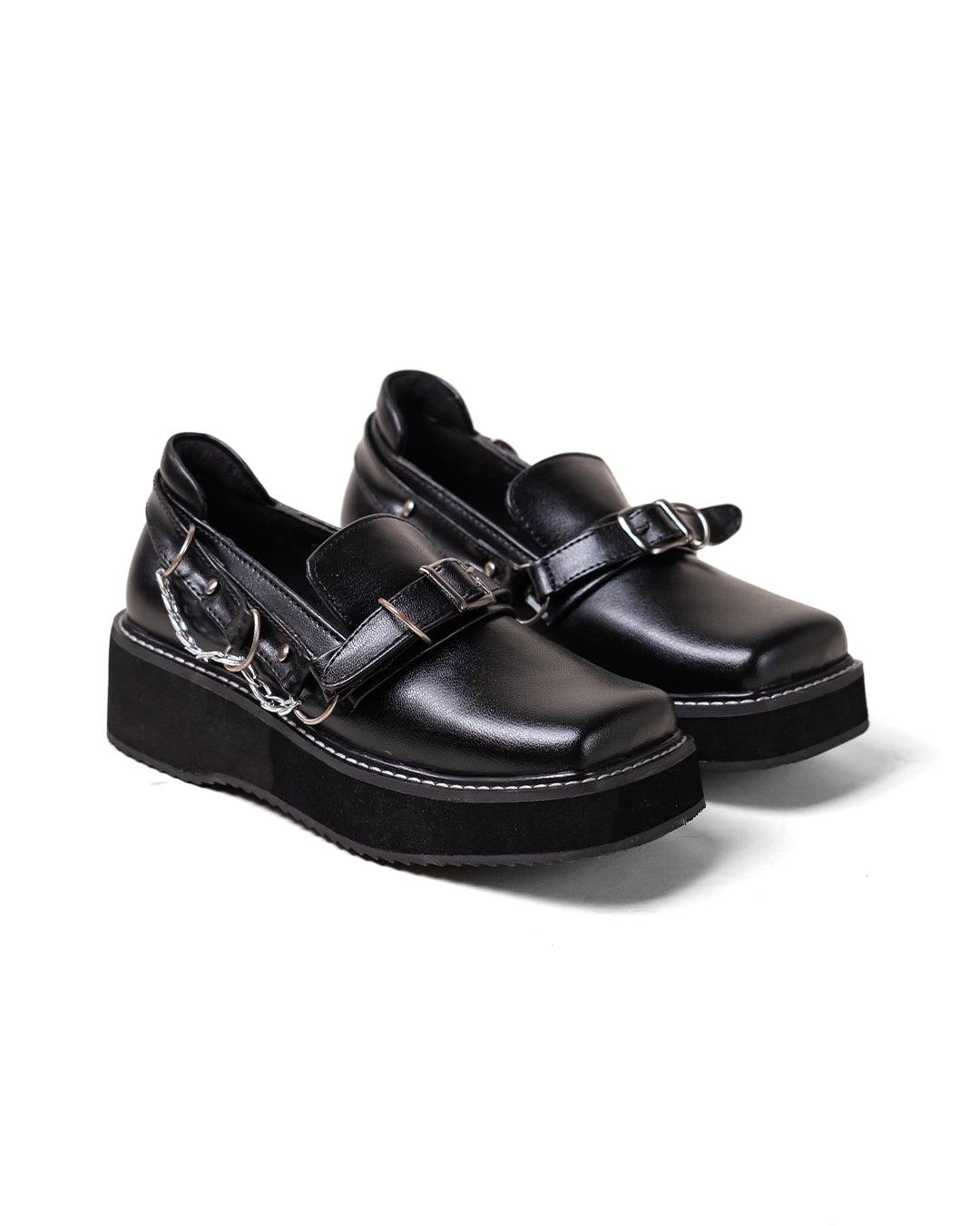Black Platform Shoes with Buckle and Chain Detail
