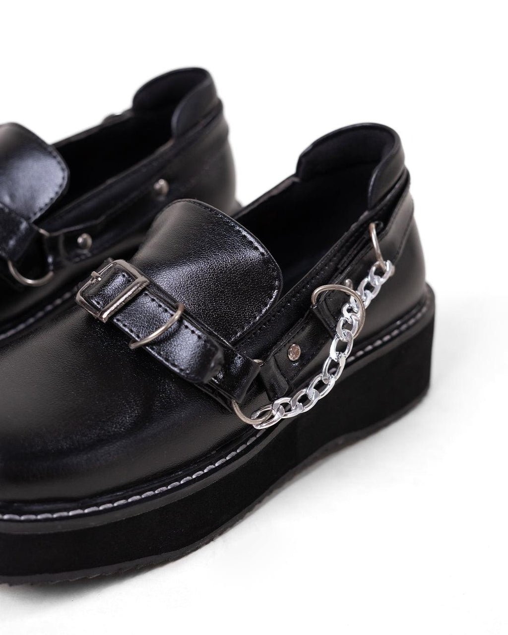 Black Platform Shoes with Buckle and Chain Detail