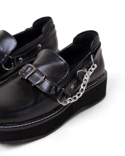 Black Platform Shoes with Buckle and Chain Detail