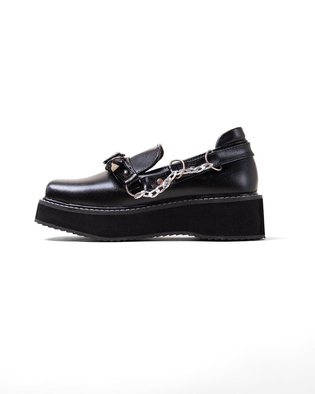 Black Platform Shoes with Buckle and Chain Detail