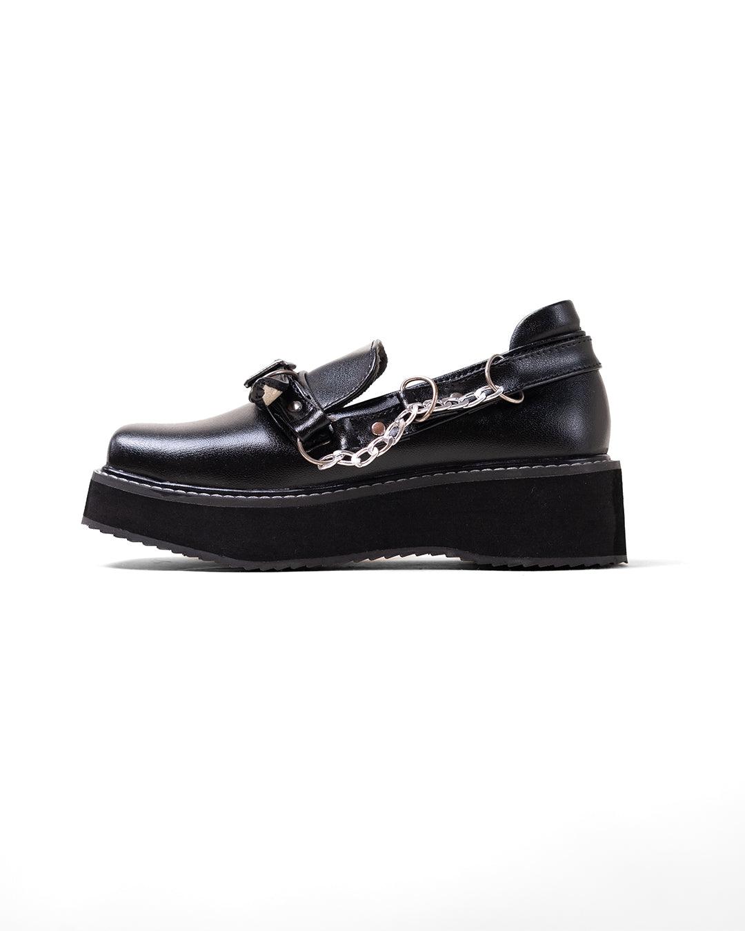 Black Platform Shoes with Buckle and Chain Detail