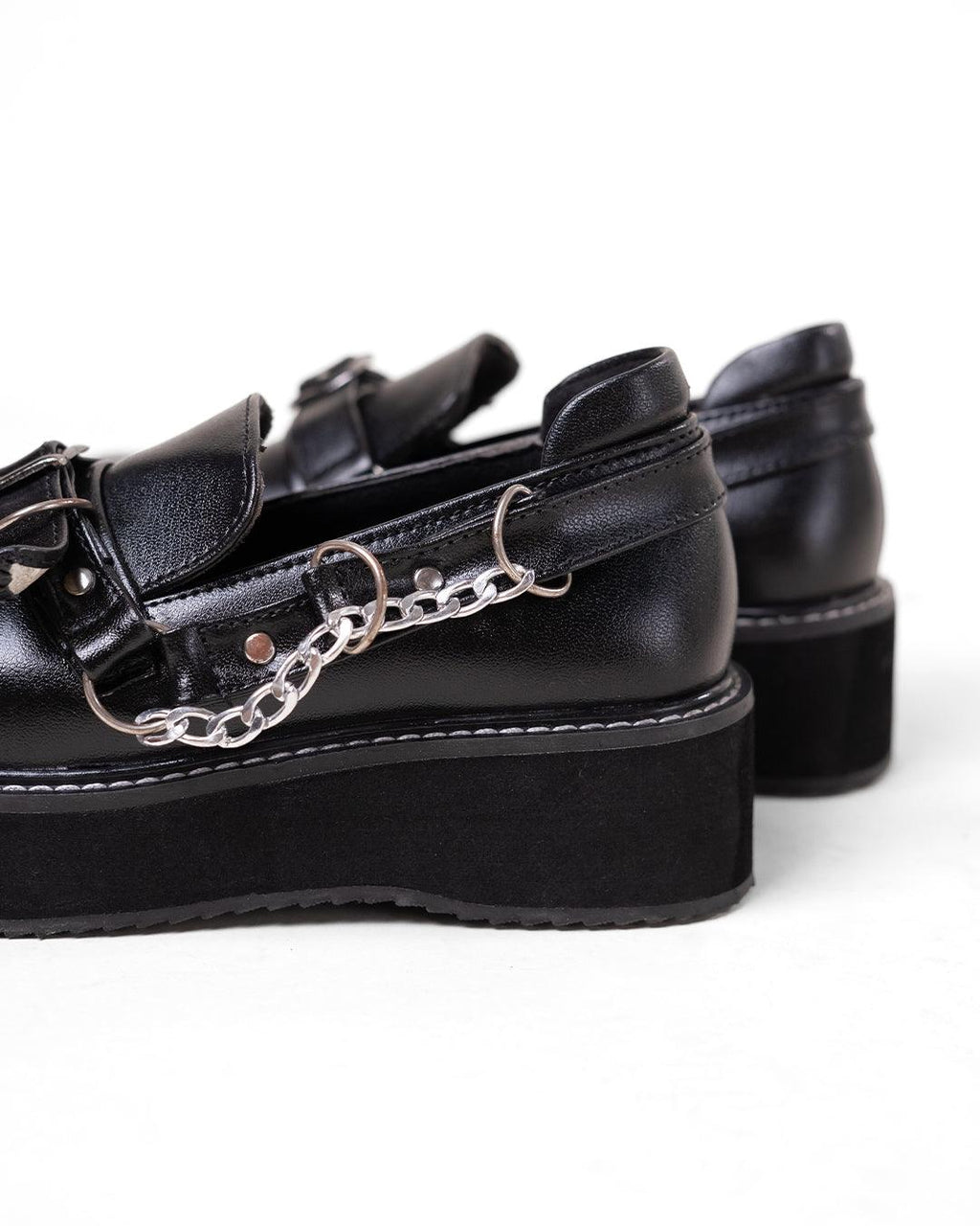 Black Platform Shoes with Buckle and Chain Detail
