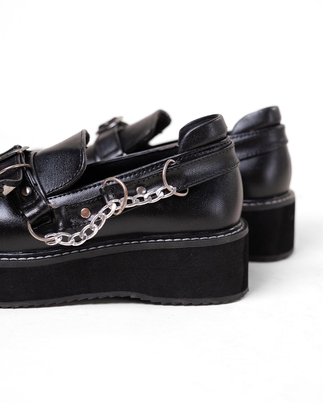 Black Platform Shoes with Buckle and Chain Detail