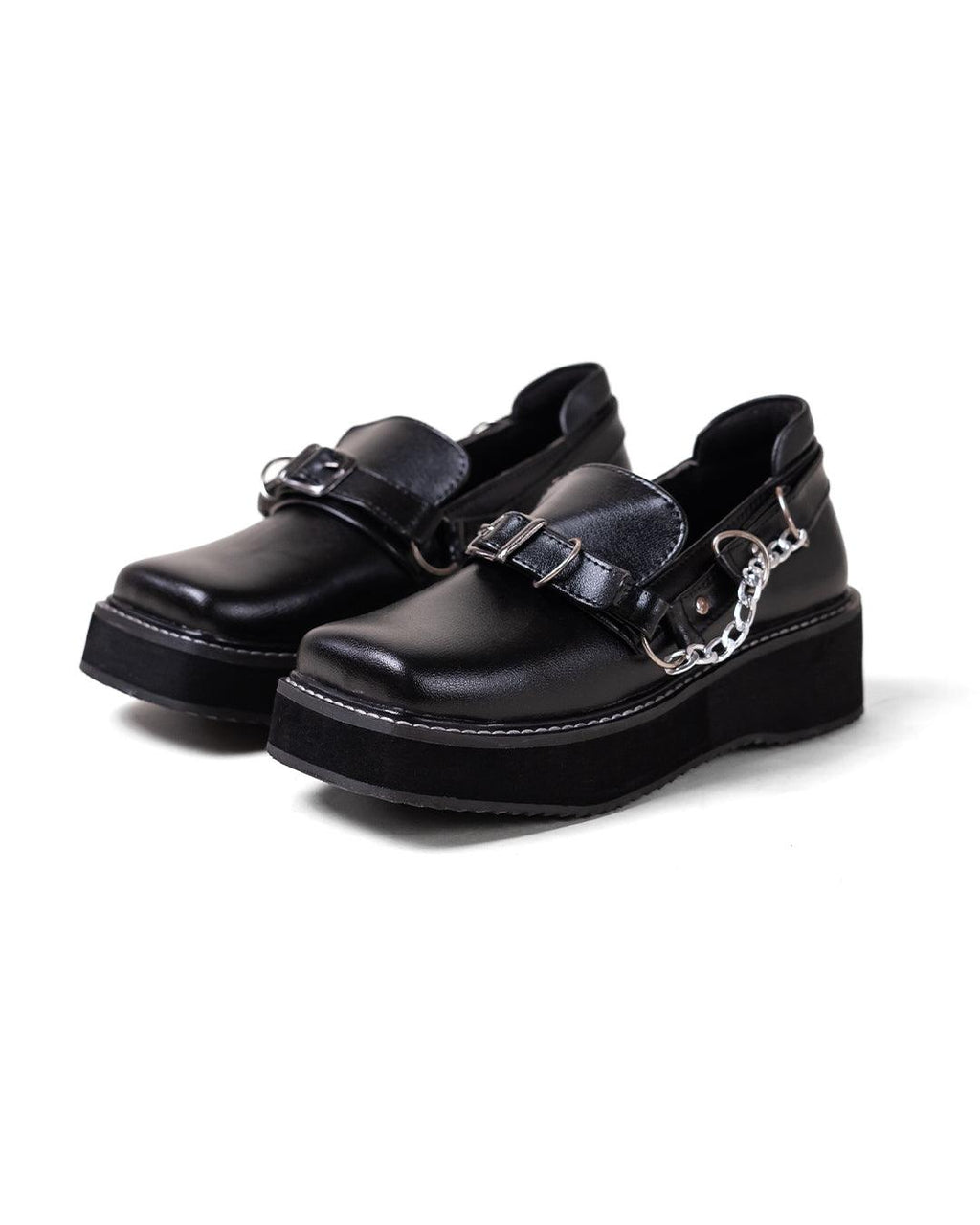 Black Platform Shoes with Buckle and Chain Detail