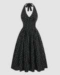 Black Polka Dot Backless Halter Neck Midi Dress