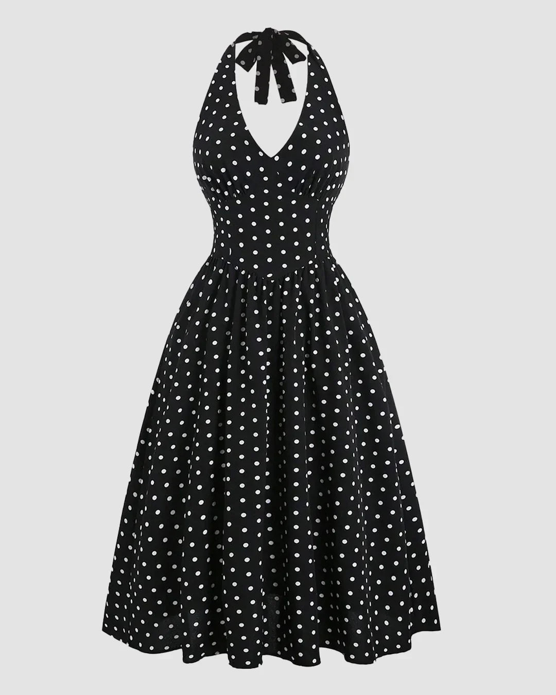 Black Polka Dot Backless Halter Neck Midi Dress