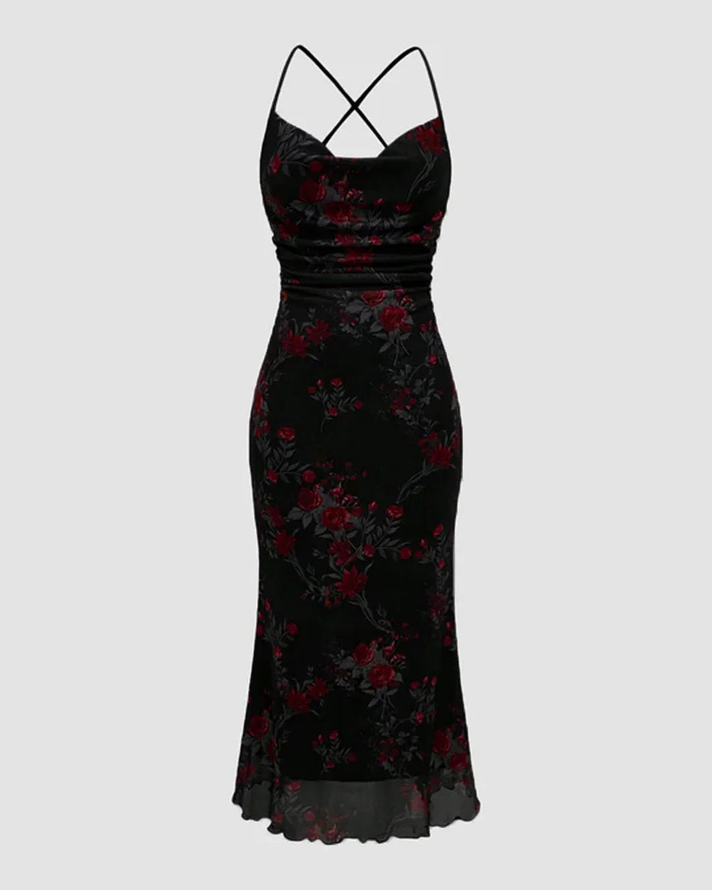Black Retro Floral Cowl Neck Bodycon Midi Dress with Mermaid Hem