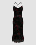 Black Retro Floral Cowl Neck Bodycon Midi Dress with Mermaid Hem