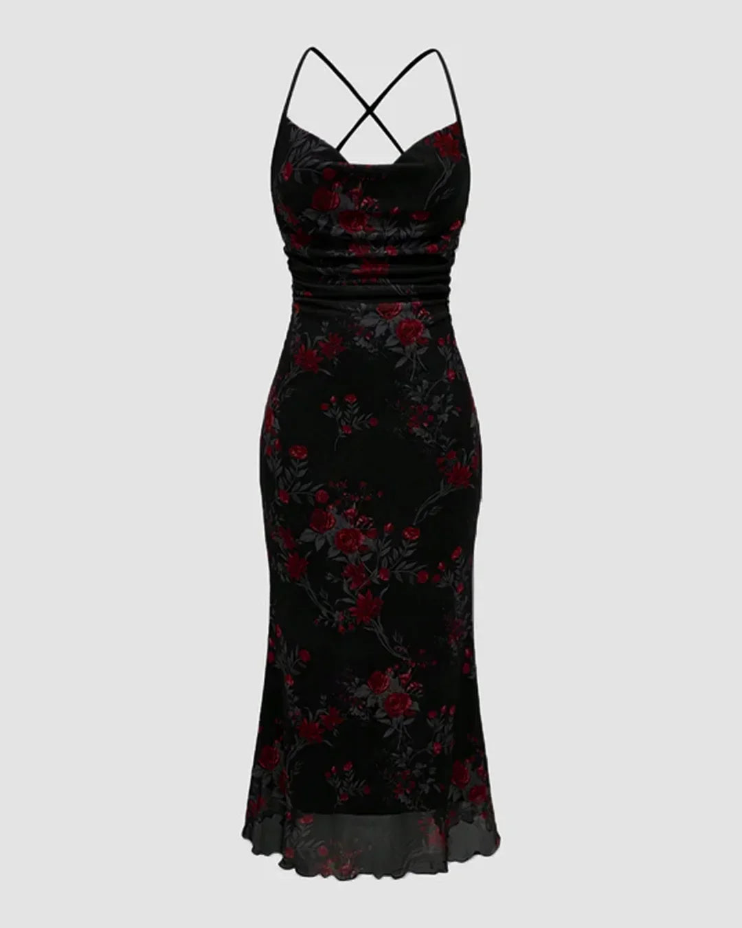 Black Retro Floral Cowl Neck Bodycon Midi Dress with Mermaid Hem