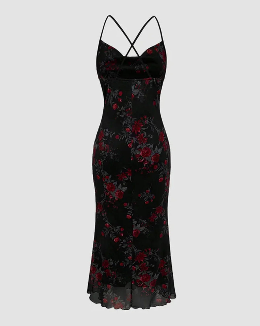 Black Retro Floral Cowl Neck Bodycon Midi Dress with Mermaid Hem