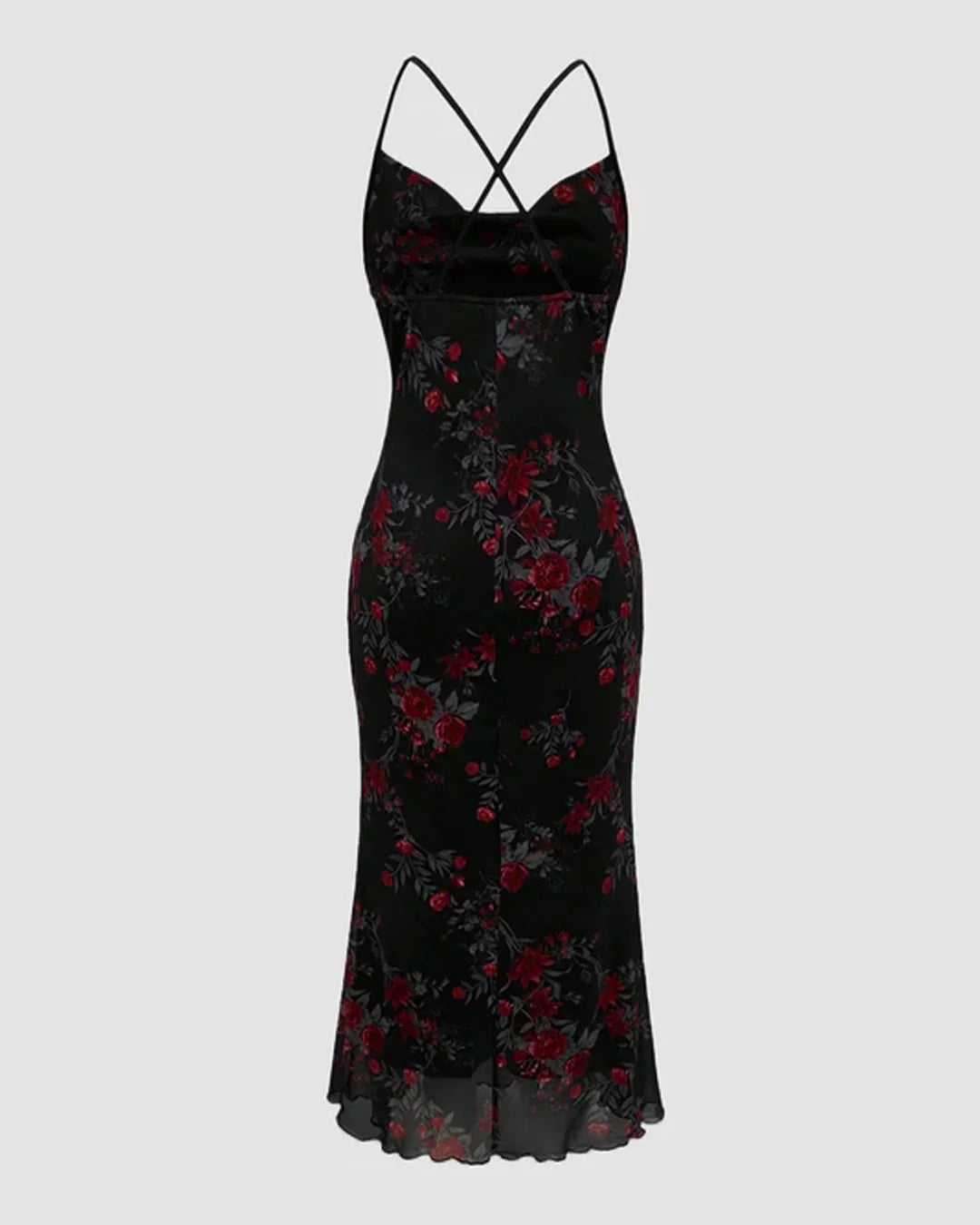 Black Retro Floral Cowl Neck Bodycon Midi Dress with Mermaid Hem