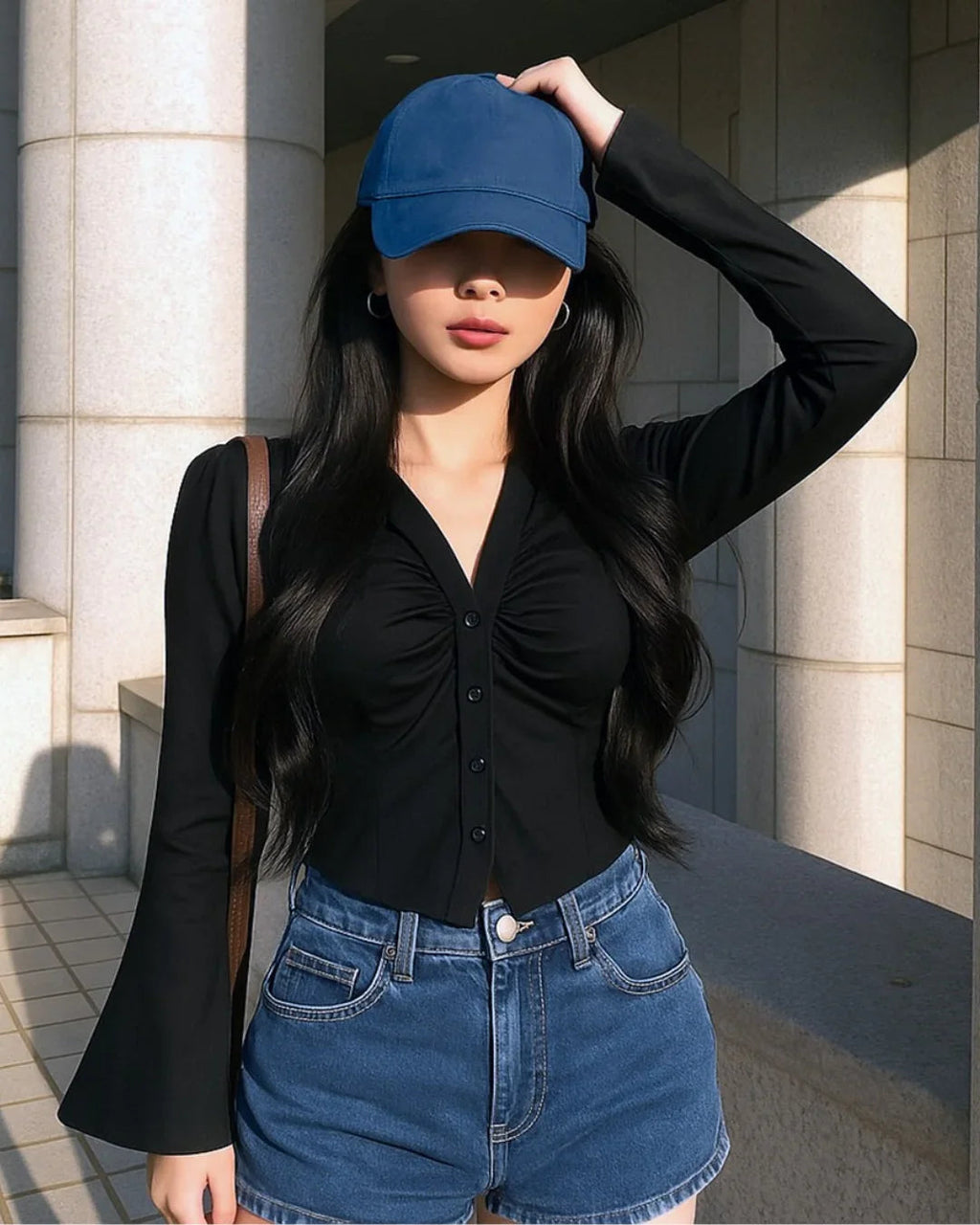 Black Ruched Front Flared Sleeve Shirt Top