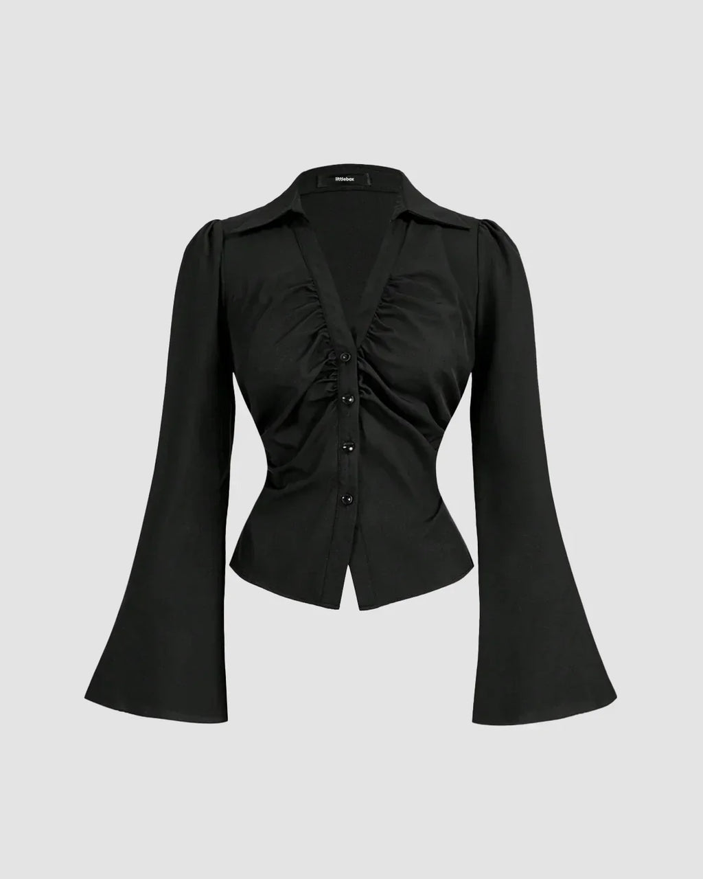 Black Ruched Front Flared Sleeve Shirt Top