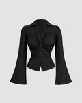 Black Ruched Front Flared Sleeve Shirt Top