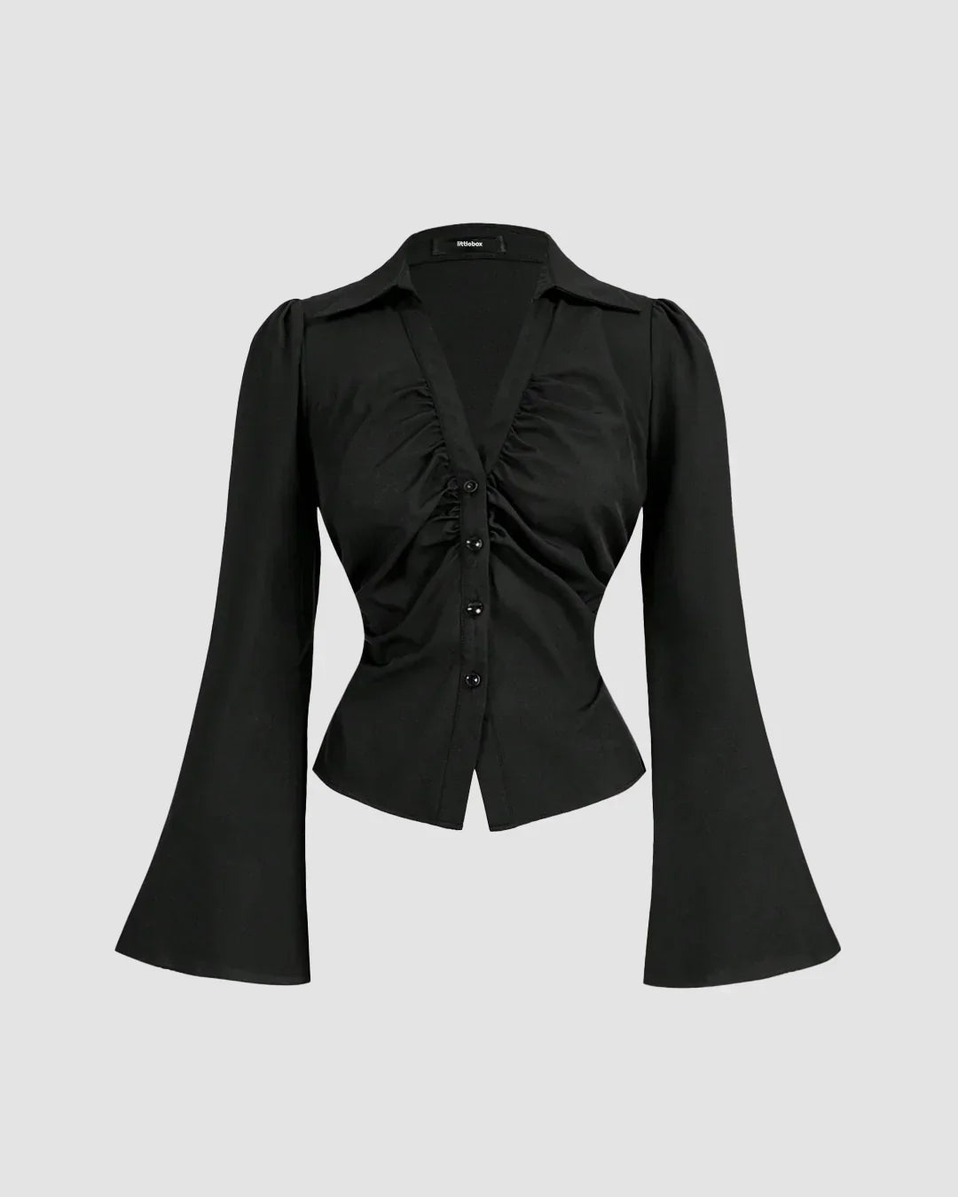 Black Ruched Front Flared Sleeve Shirt Top