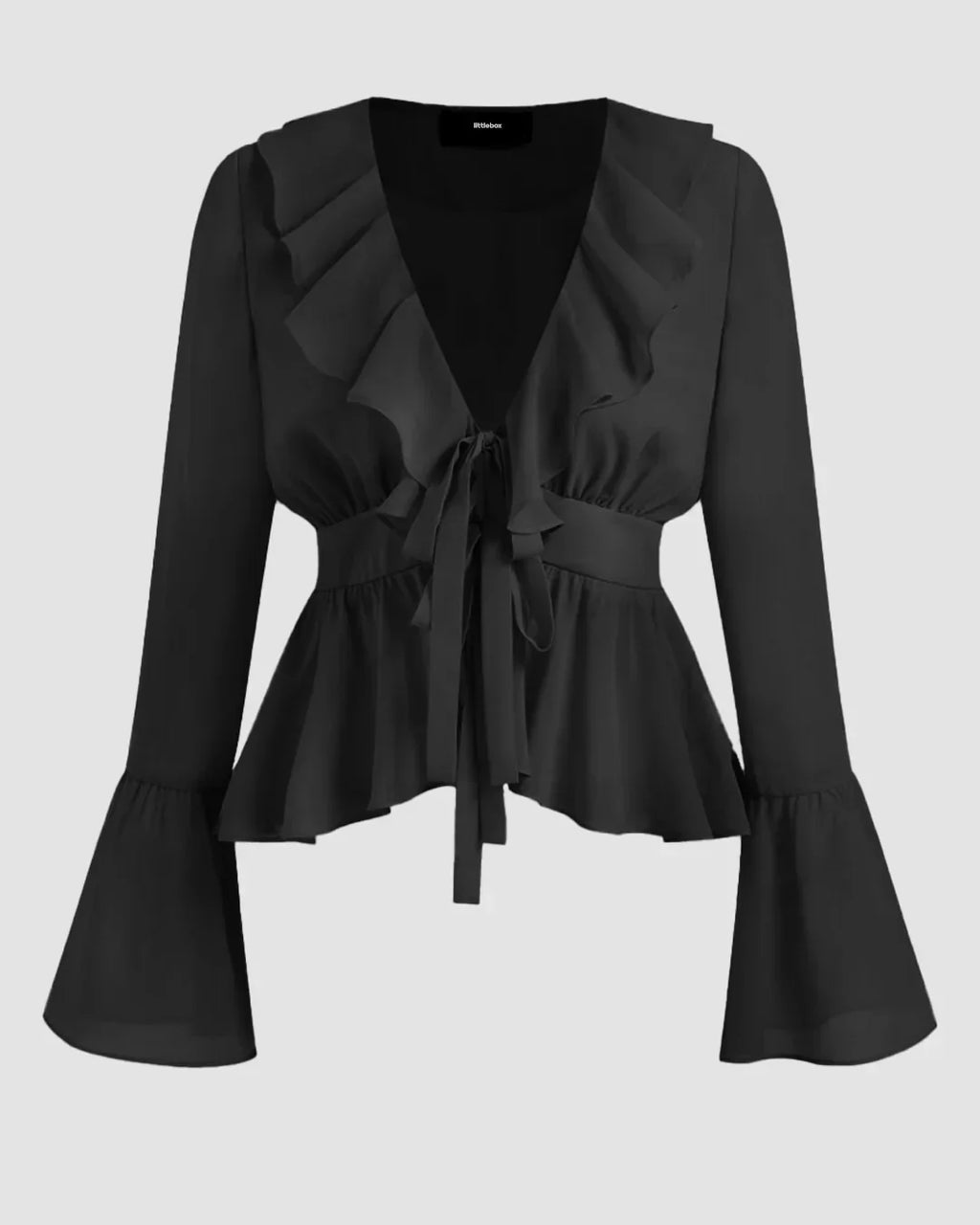 Black Ruffle Tie-Front Flare Sleeve Top