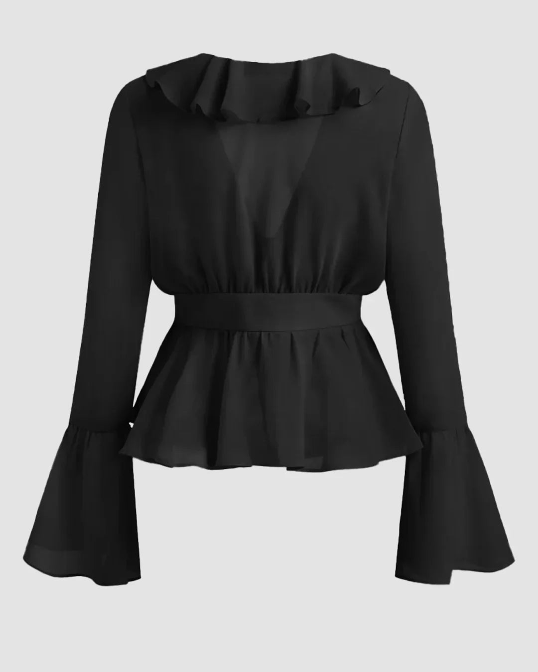 Black Ruffle Tie-Front Flare Sleeve Top