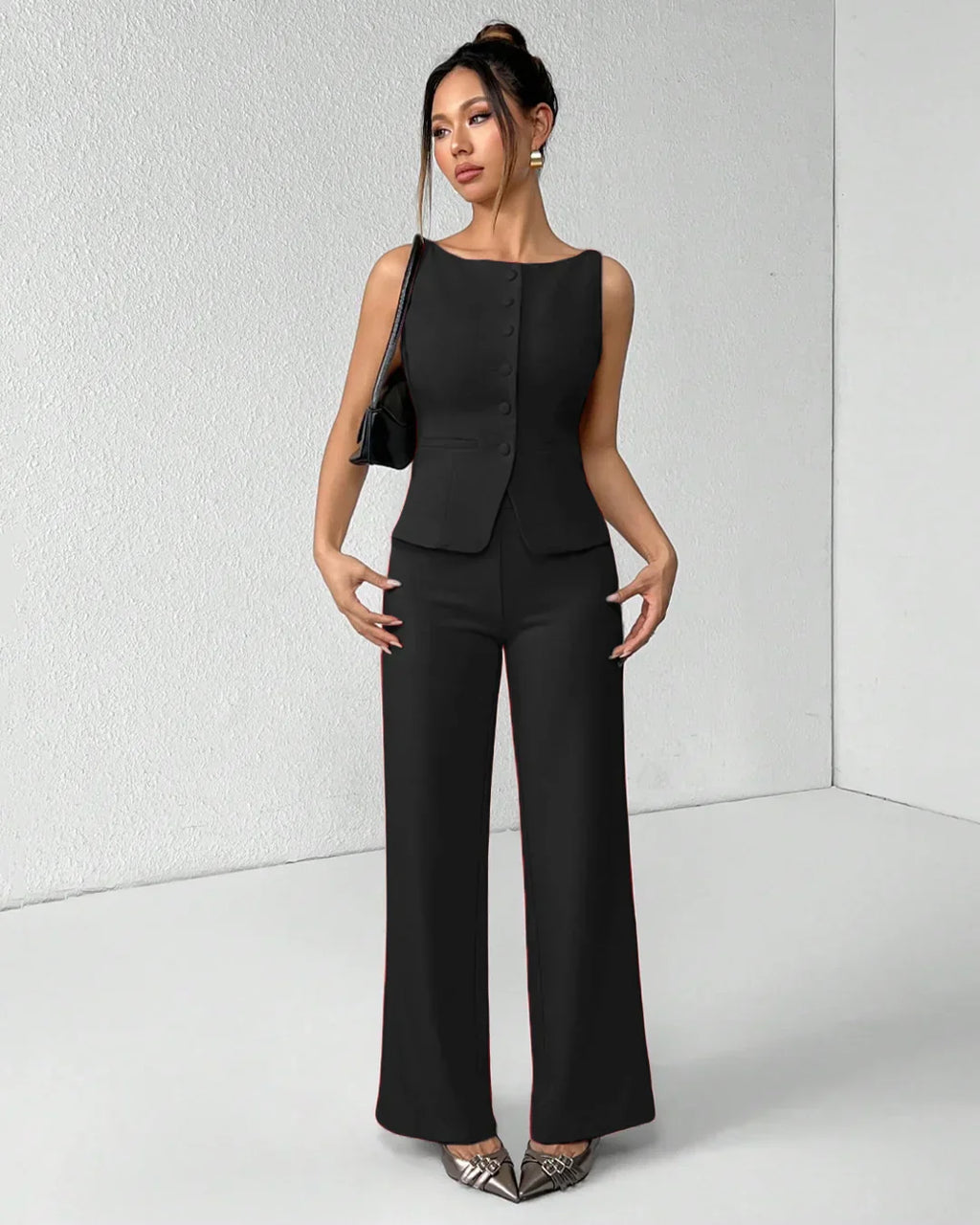 Black Sleeveless Button Vest & Wide-Leg Trousers Co-ords Set