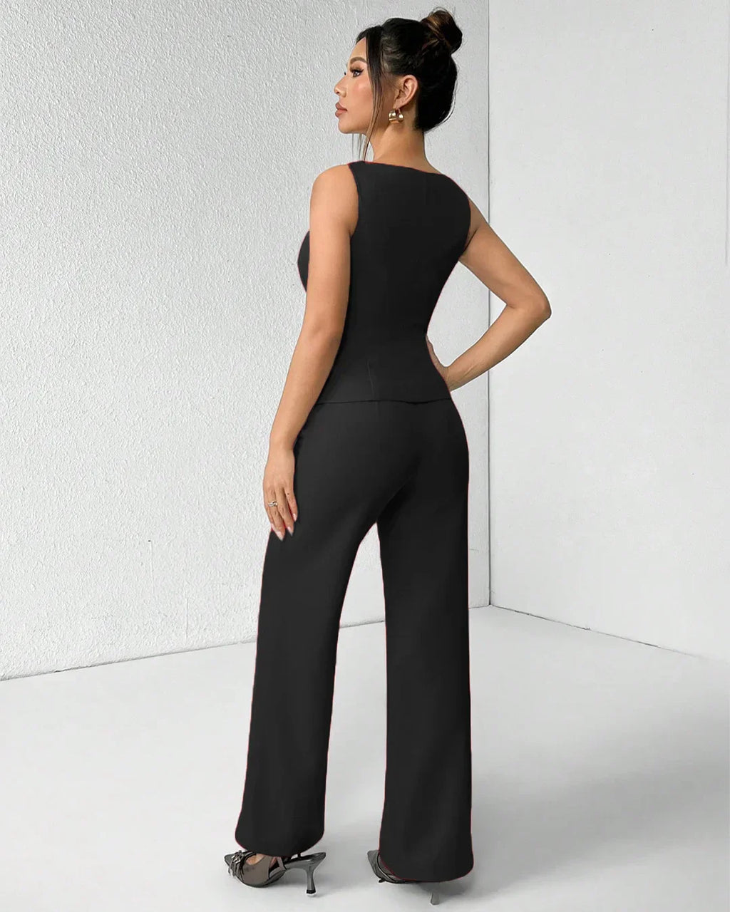 Black Sleeveless Button Vest & Wide-Leg Trousers Co-ords Set