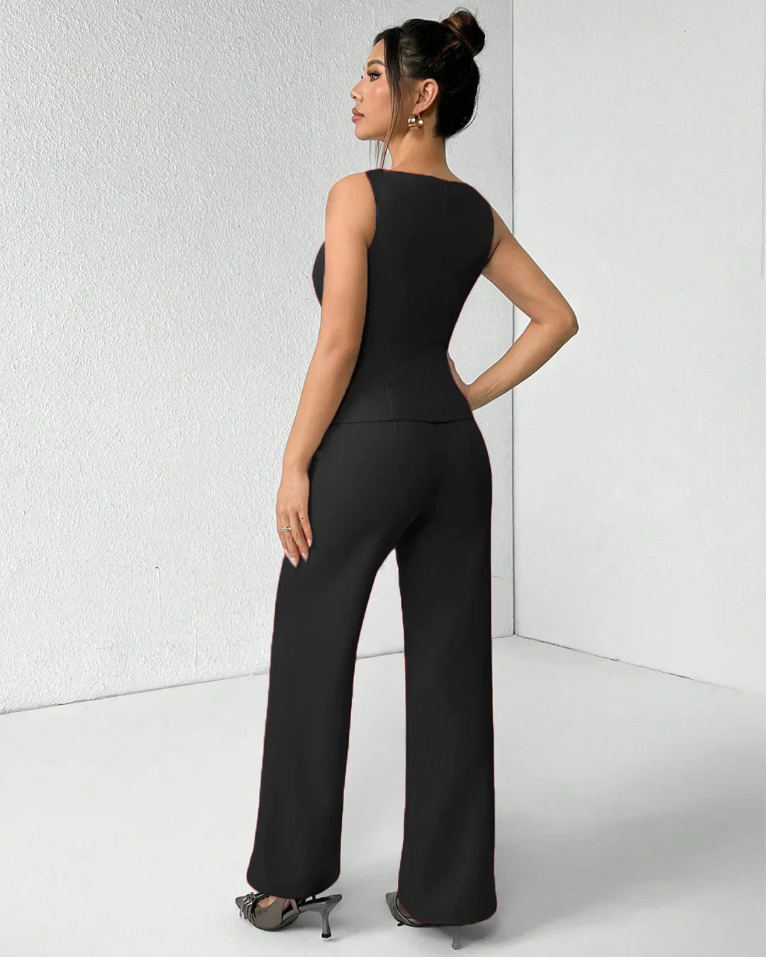 Black Sleeveless Button Vest & Wide-Leg Trousers Co-ords Set