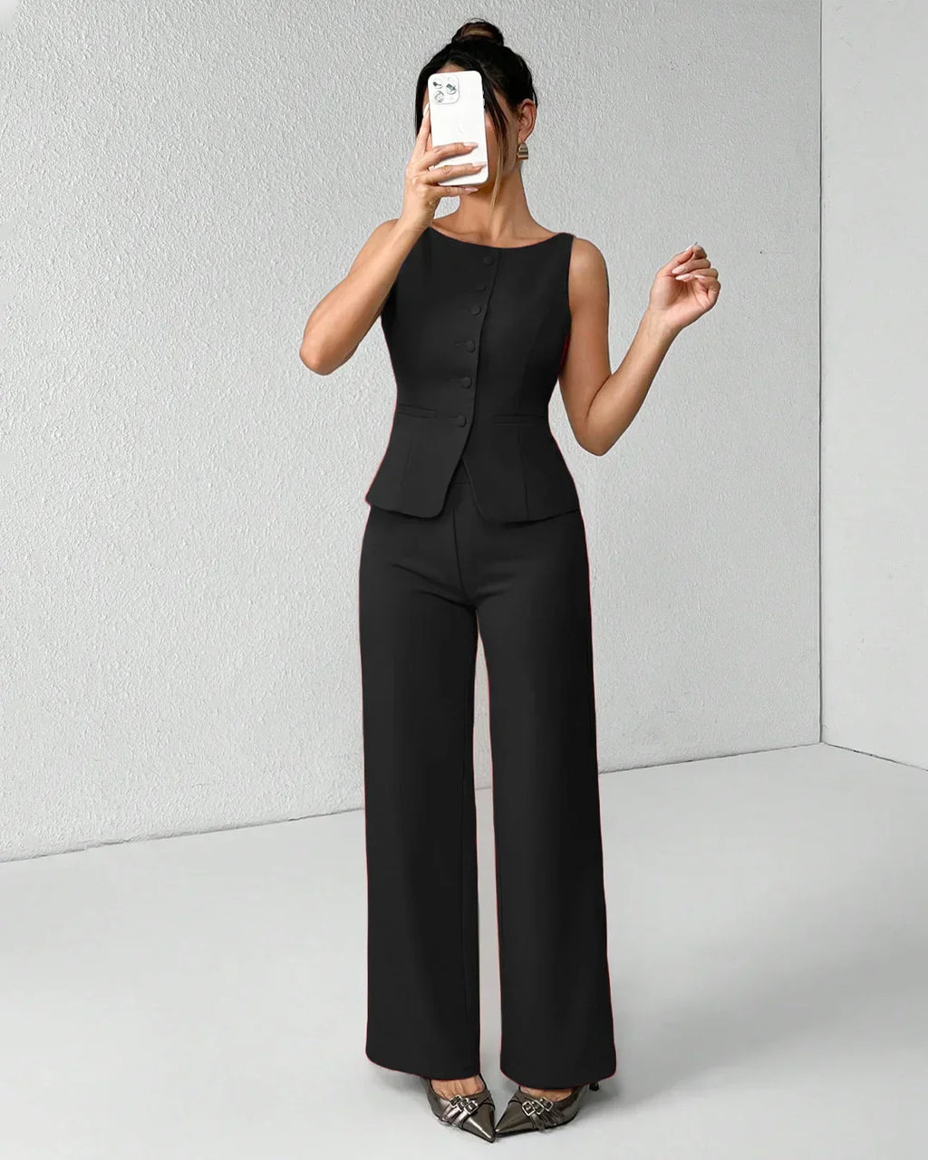 Black Sleeveless Button Vest & Wide-Leg Trousers Co-ords Set