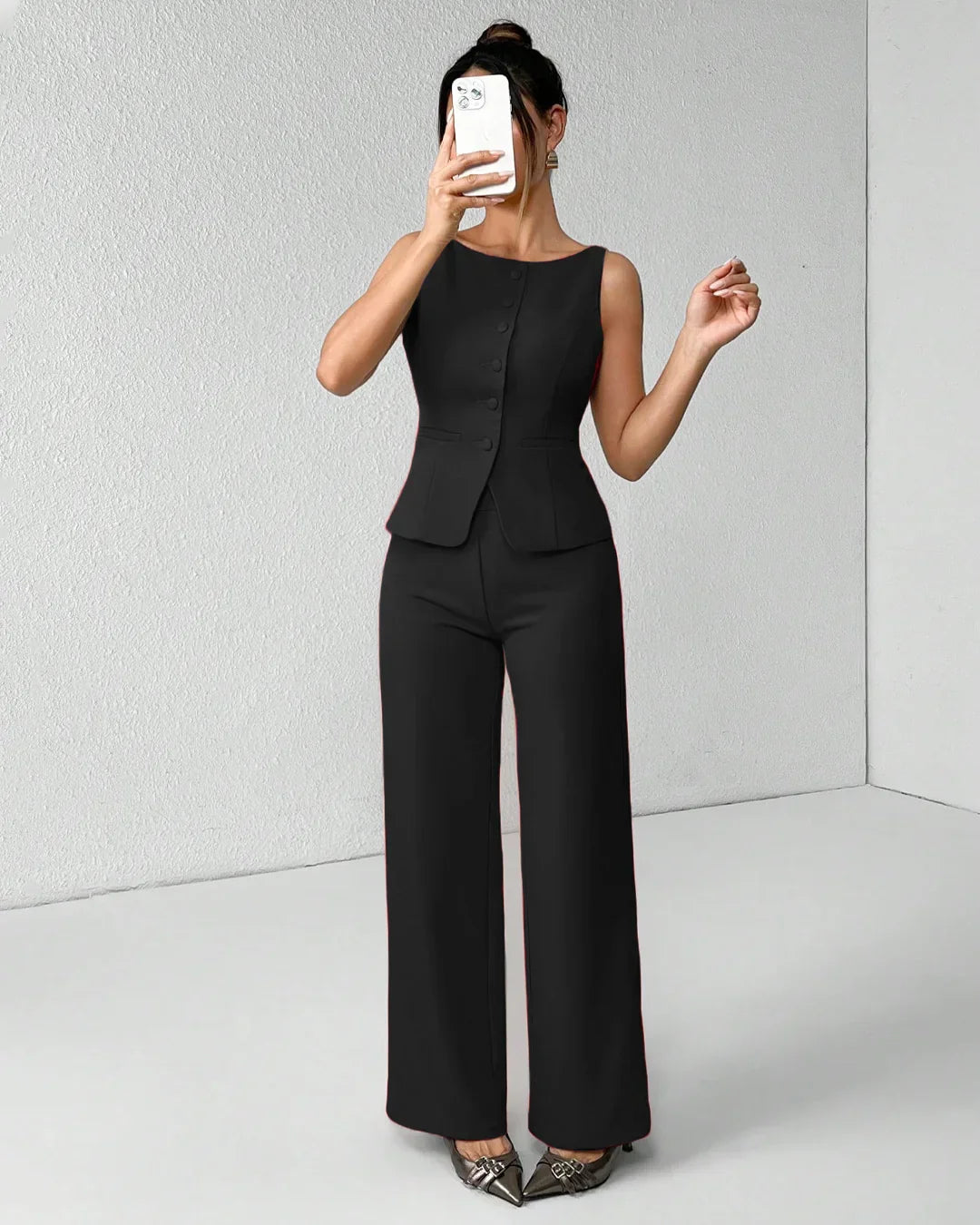 Black Sleeveless Button Vest & Wide-Leg Trousers Co-ords Set