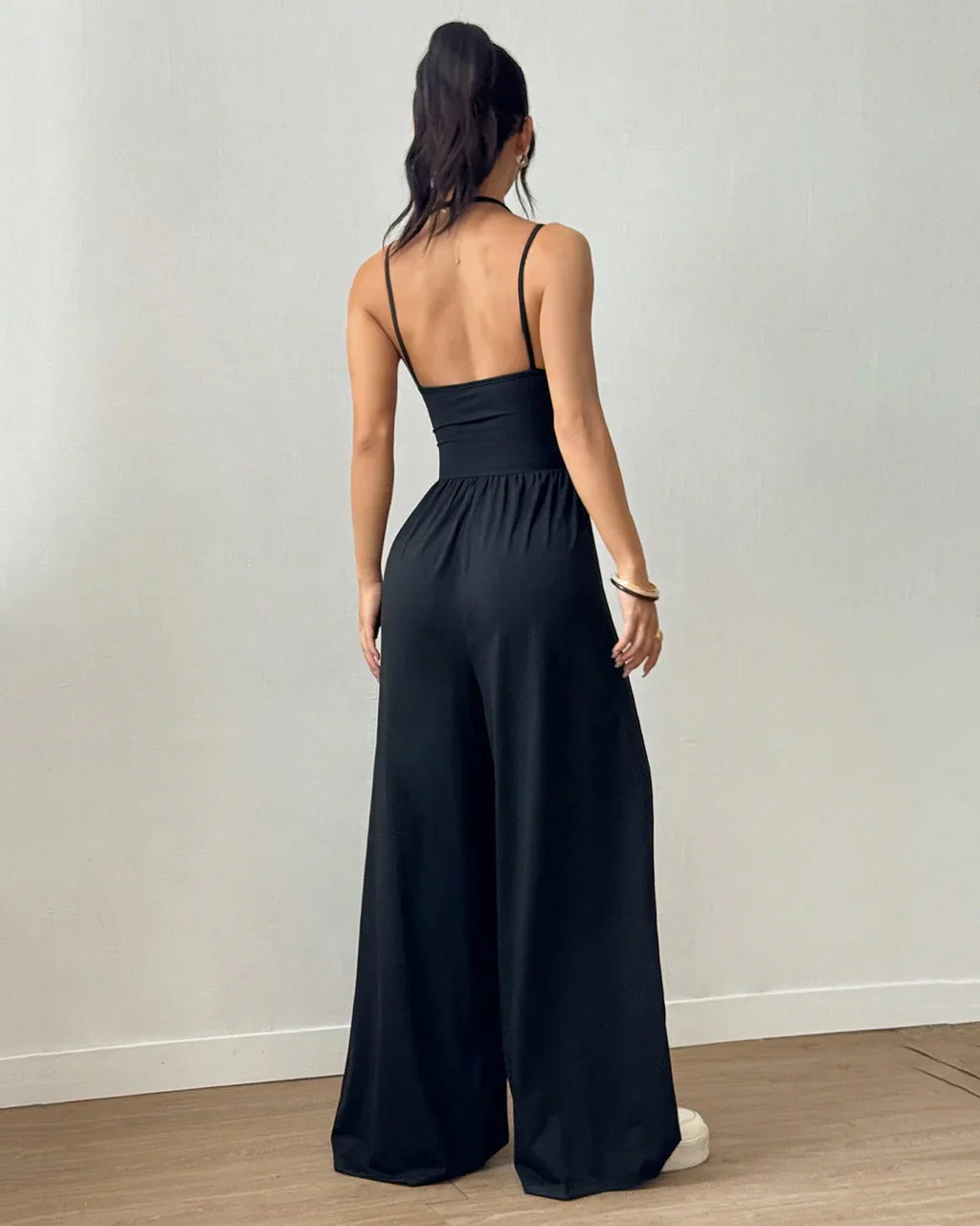 Sleeveless Strappy Back Ruched Wide-Leg Midi Dress in Black