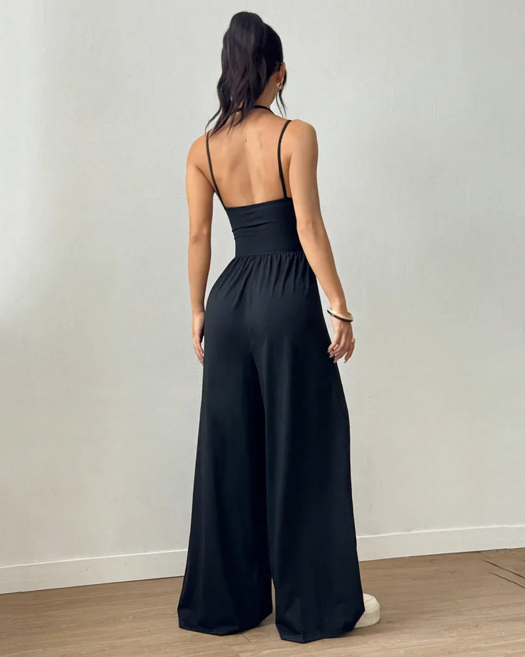 Sleeveless Strappy Back Ruched Wide-Leg Midi Dress in Black