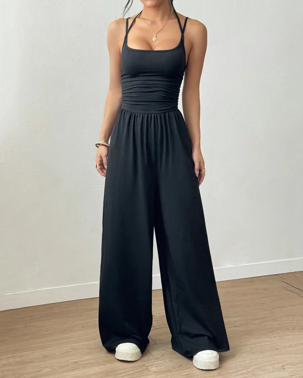 Sleeveless Strappy Back Ruched Wide-Leg Midi Dress in Black